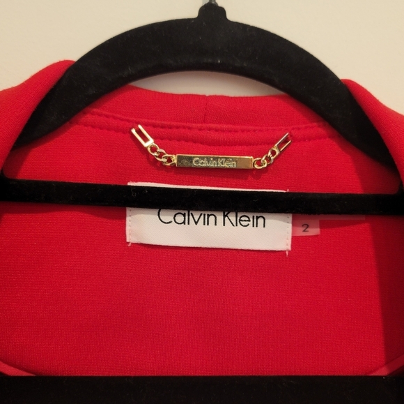 Calvin Klein 2 Red Draped Ruffled Collarless Open Front Long Cardigan Blazer - Picture 3 of 11